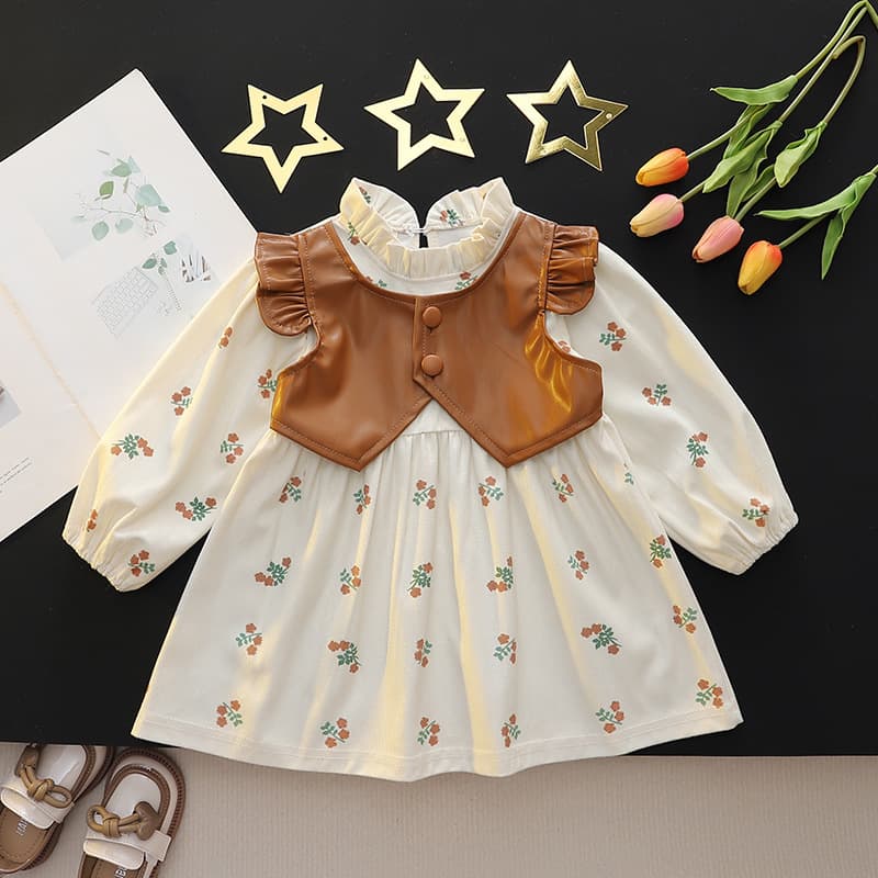 Girl's Spring Dress with Pima Vest Panel, Printed Princess Dress for Toddlers and Kids, Casual Long-Sleeve Dress