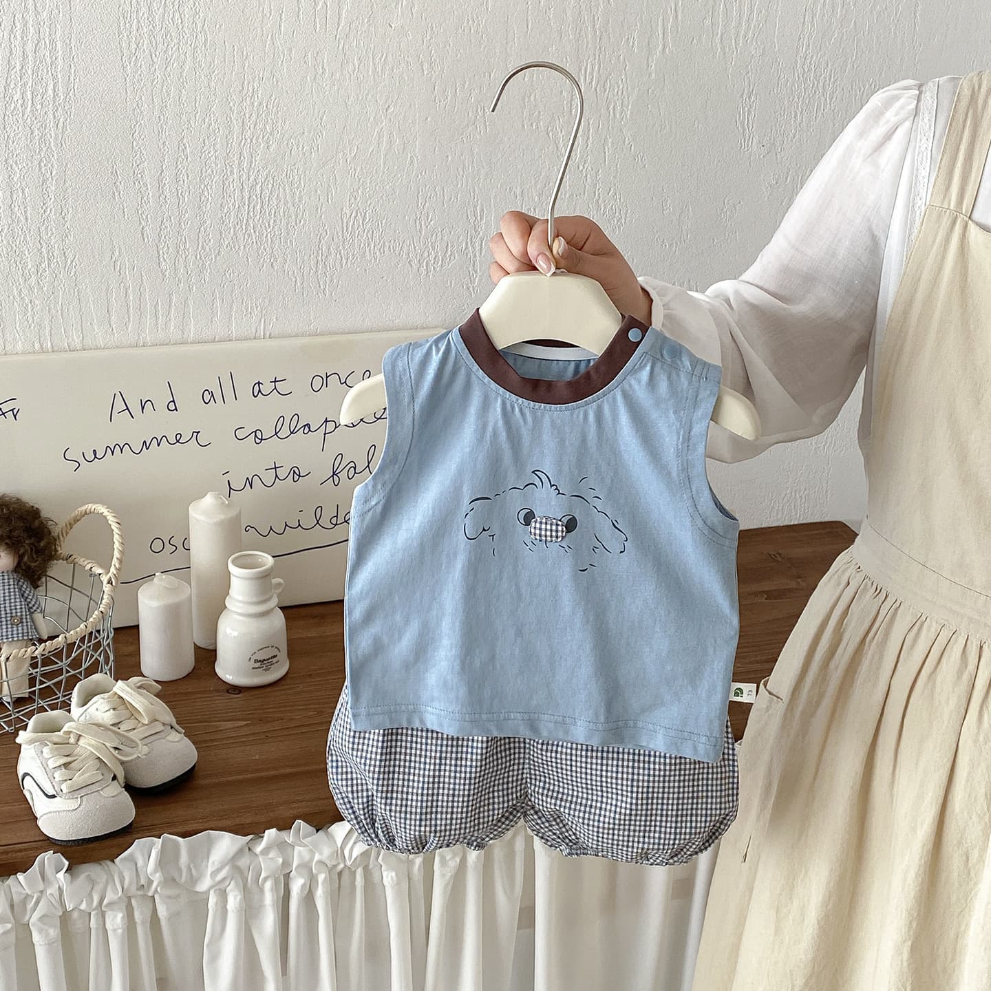 Dianxi summer new baby cartoon top set baby style printed vest plaid shorts two-piece set