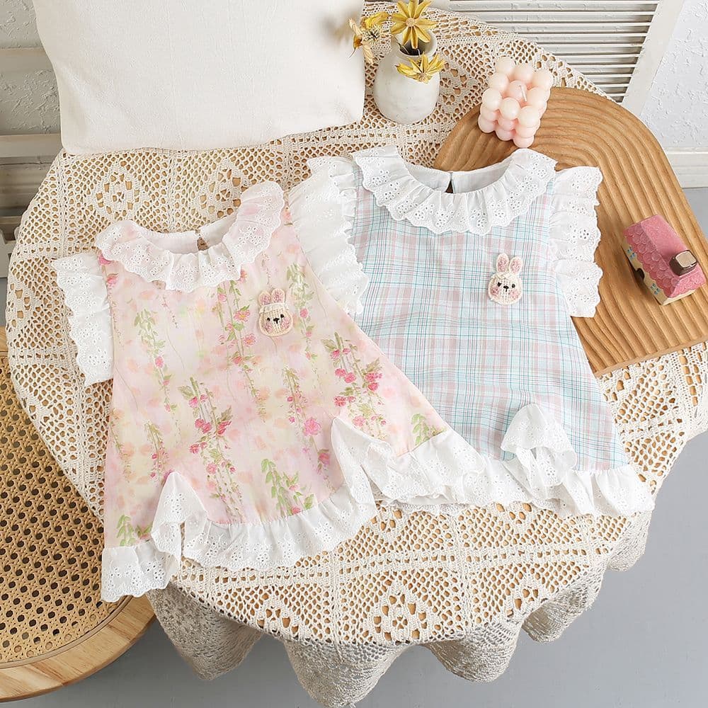 2025 new summer style infant and toddler cute French lace blue check bunny bag fart clothes for outdoor crawling clothes