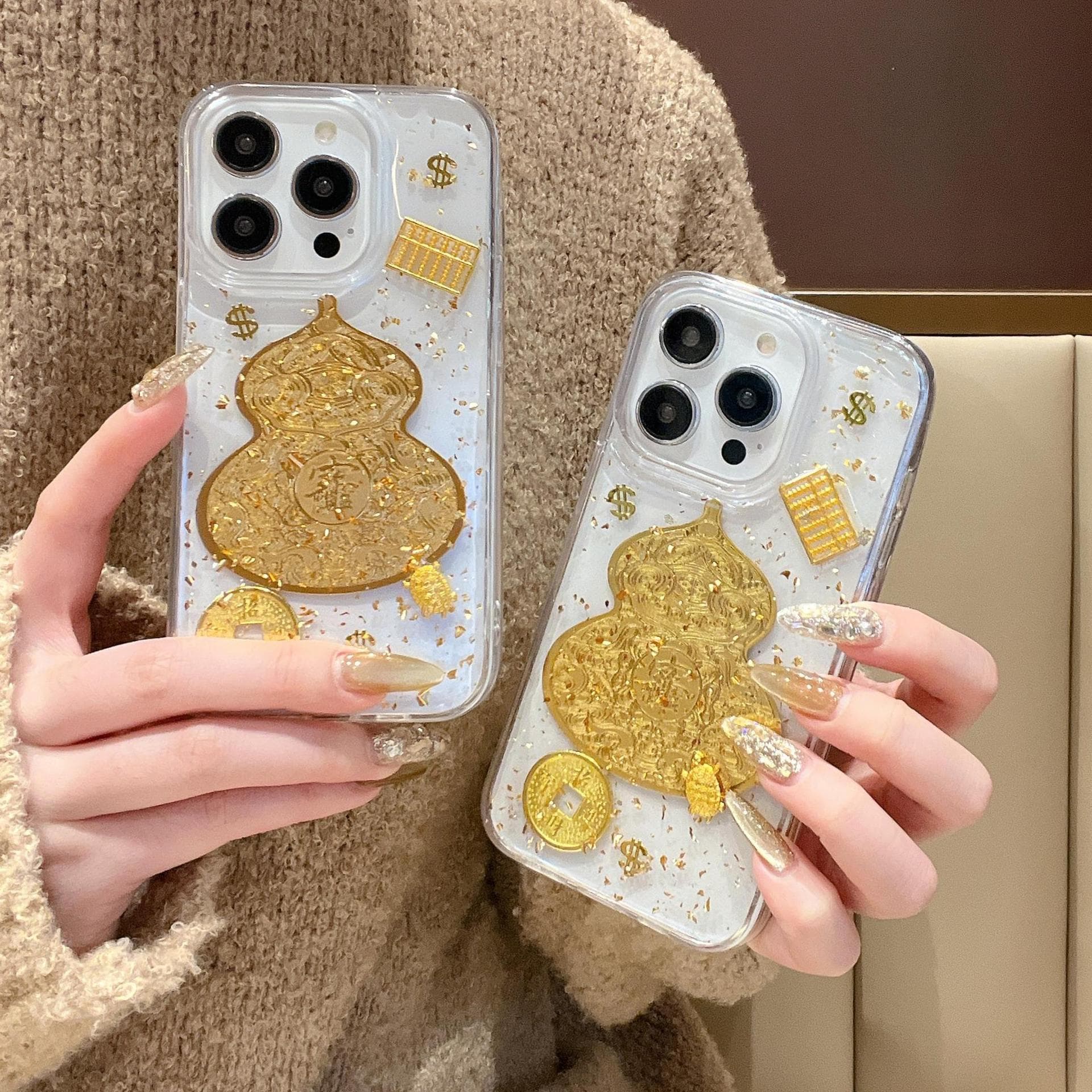 New Year Gold Foil Gourd Epoxy Phone Case for Apple 16 Pro Max, iPhone 17, New Chinese Style for Women 15