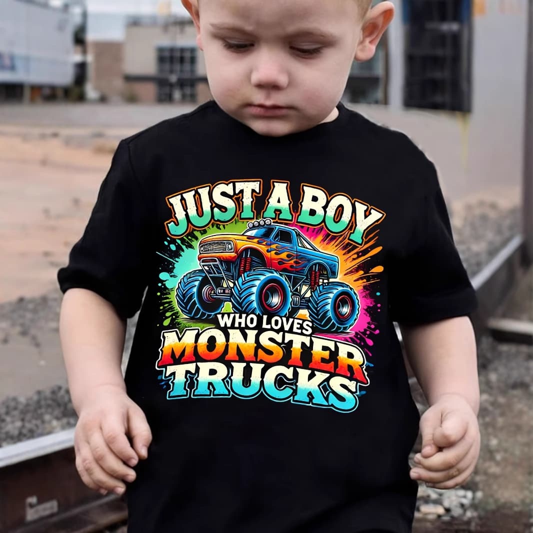 Foreign Trade Spot Boys T-Shirt Just a Boy Who Loves Monster Trucks Off-Road Vehicle Print