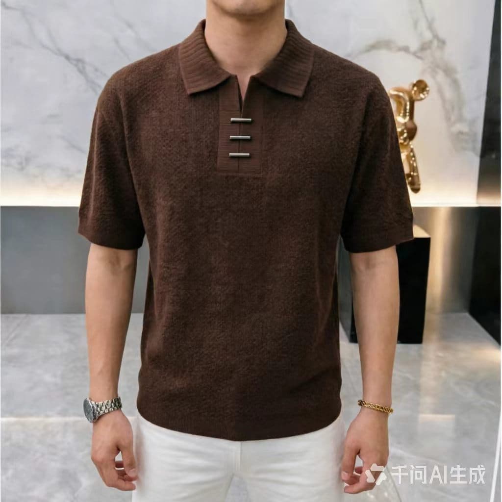 New Summer Men's Short Sleeve POLO Shirt, Loose Bubble Gauze Fabric, Ribbed Collar, Metal Button, Old Money Style Casual T-Shirt