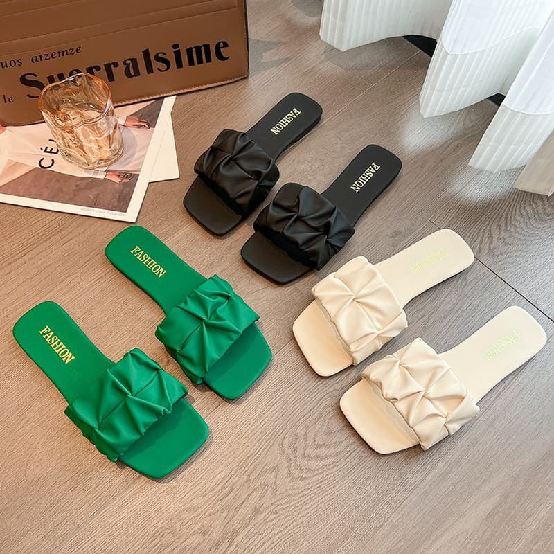 Ladies Slippers 2023 Summer New Style One-Strap Flat Large Size 41-42 Square Toe