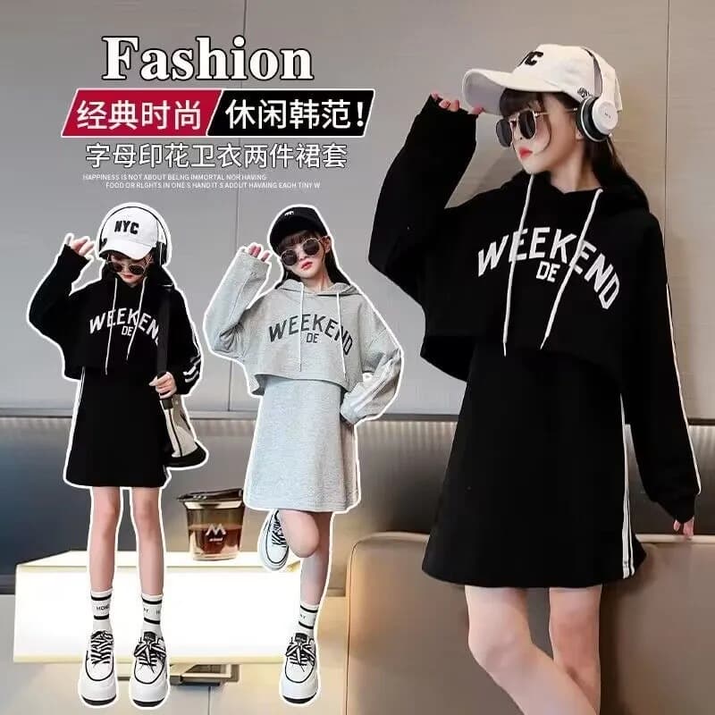 Girls' Vest Skirt Set Spring Autumn New Fashion Korean Style Middle and Big Kids Hooded Sweatshirt Casual Loose Two-Piece Set