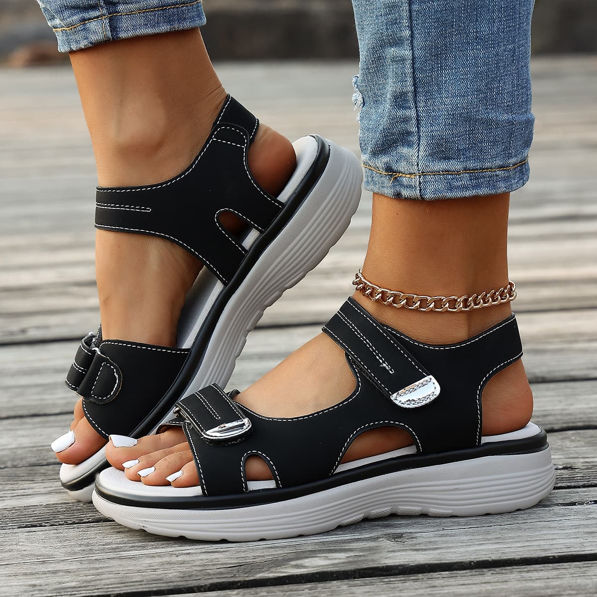 Summer Sandals 2026 Cross-Border Large Size Women's Shoes TEMU Casual Sporty Sandals One-Strap Velcro Non-Stuffy