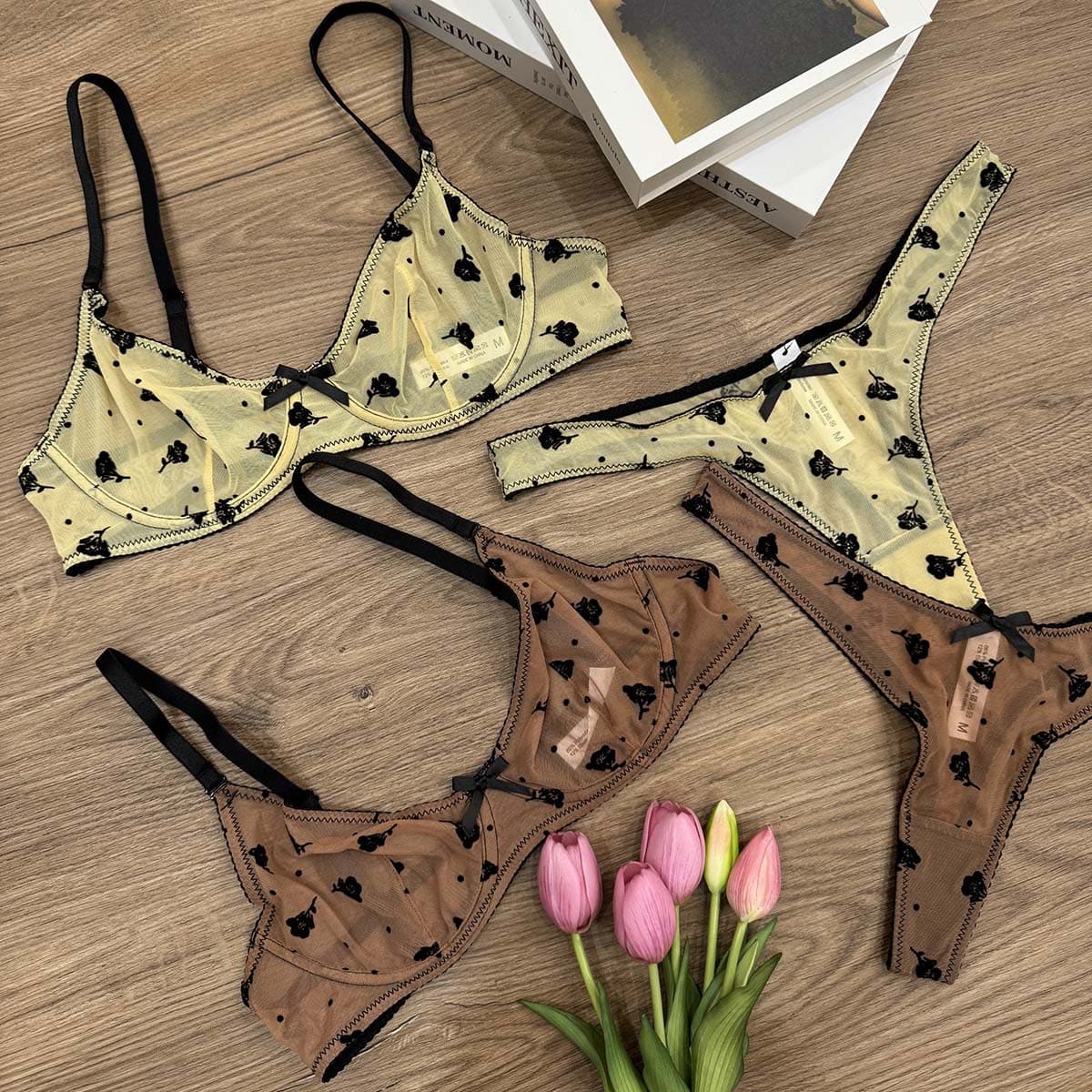 Cross-border French sexy underwear for women, ultra-thin see-through flocking lace underwear, big breasts, small anti-sagging bra set