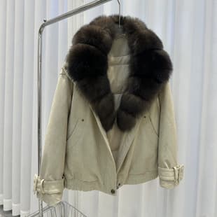 New Autumn Winter Suede Natural Fox Fur Big Collar 90% White Duck Down Women's Loose Warm Coat
