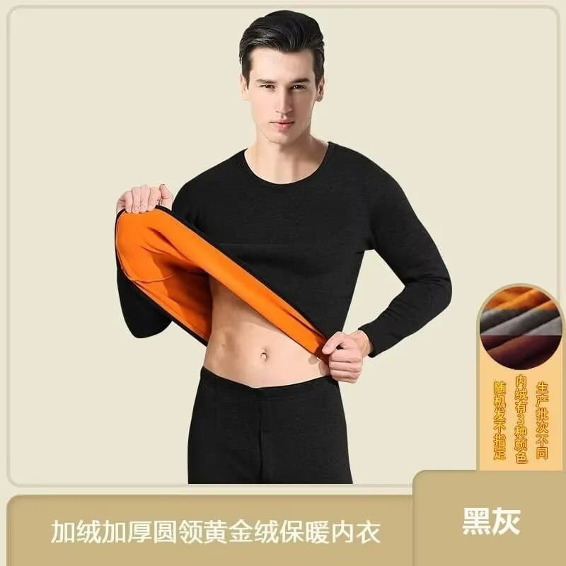 Men's Thermal Round Neck Underwear Set, Fleece-Lined Thickened Golden Fleece Long Johns, Winter Self-Heating Home Inner Layer
