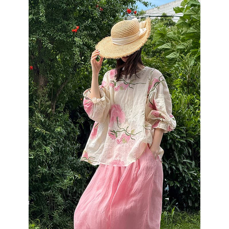 Juzhi Summer New Korean Style Embroidered Round Neck Ramie Top Vacation Loose Slim Fit 5758 Women's Summer