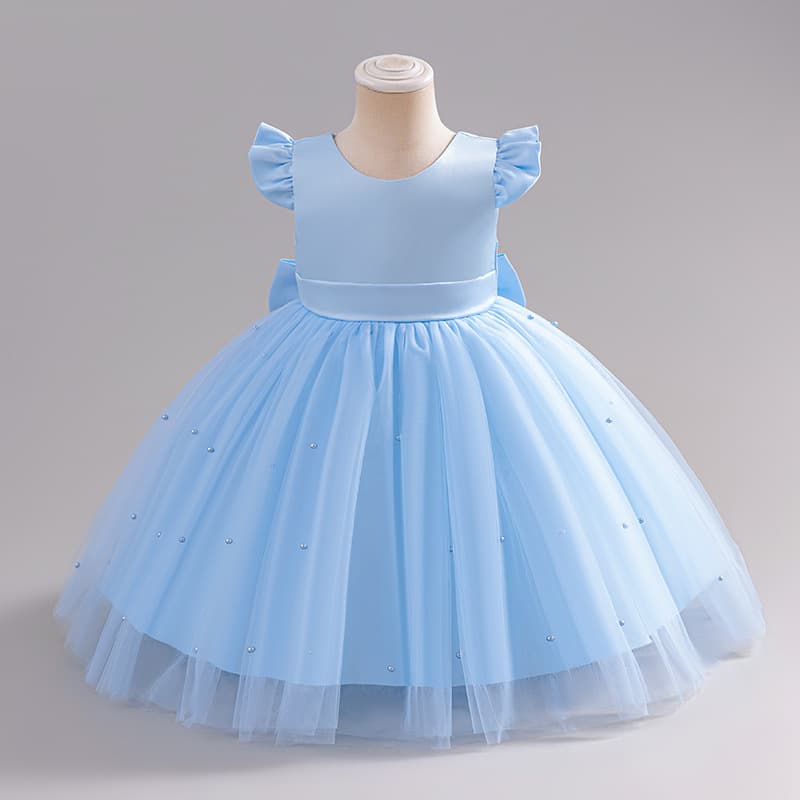 Girls New Solid Color Tulle Puffy Pearl Embroidered Princess Birthday Dinner Performance Back Bow Dress