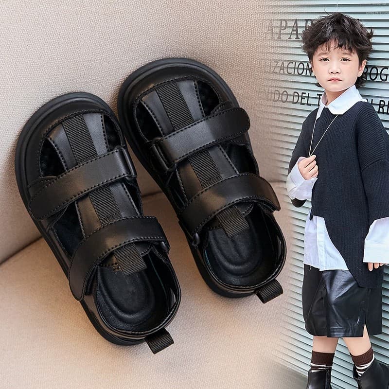 Children's Sandals Boys 2026 New Genuine Leather Toddler Shoes Summer Closed-Toe Sports Sandals Black Summer Sandals