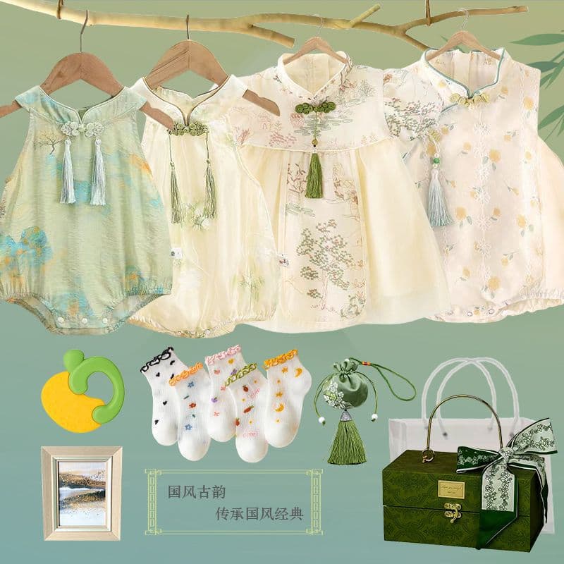 Chinese Style Summer Baby Girl Hanfu Newborn Full Moon Birthday Outfit Set Gift Box