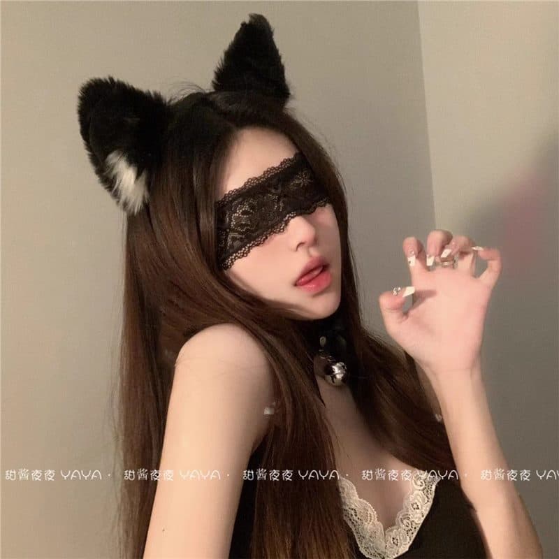 (Headband + Choker) Cat Ear Bell Headband, Sexy Fox Hair Clip, Women's Lace Eye Mask, Cute Hair Accessory Decoration