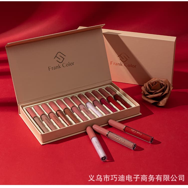 Hot Selling Export FrankColor 12-Color Book Lip Gloss Set Matte Shimmer Non-Stick Lip Gloss Lipstick Wholesale