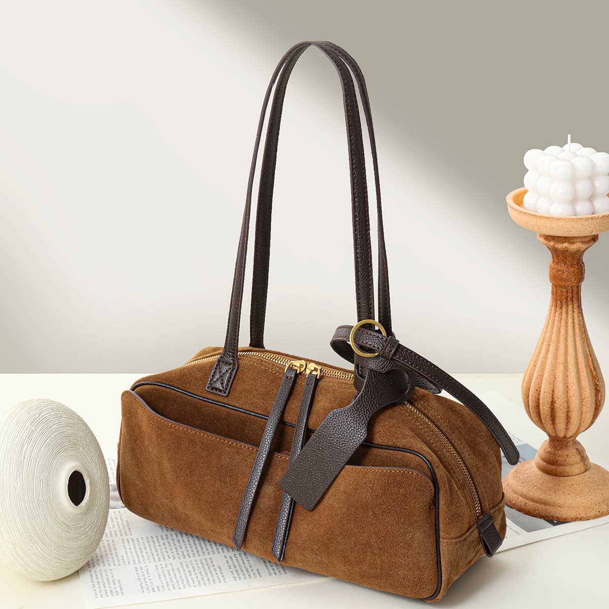 Bag Korean Niche Suede Bowling Bag New Commuter Large Capacity Boston Genuine Leather Handheld Shoulder Bag Women