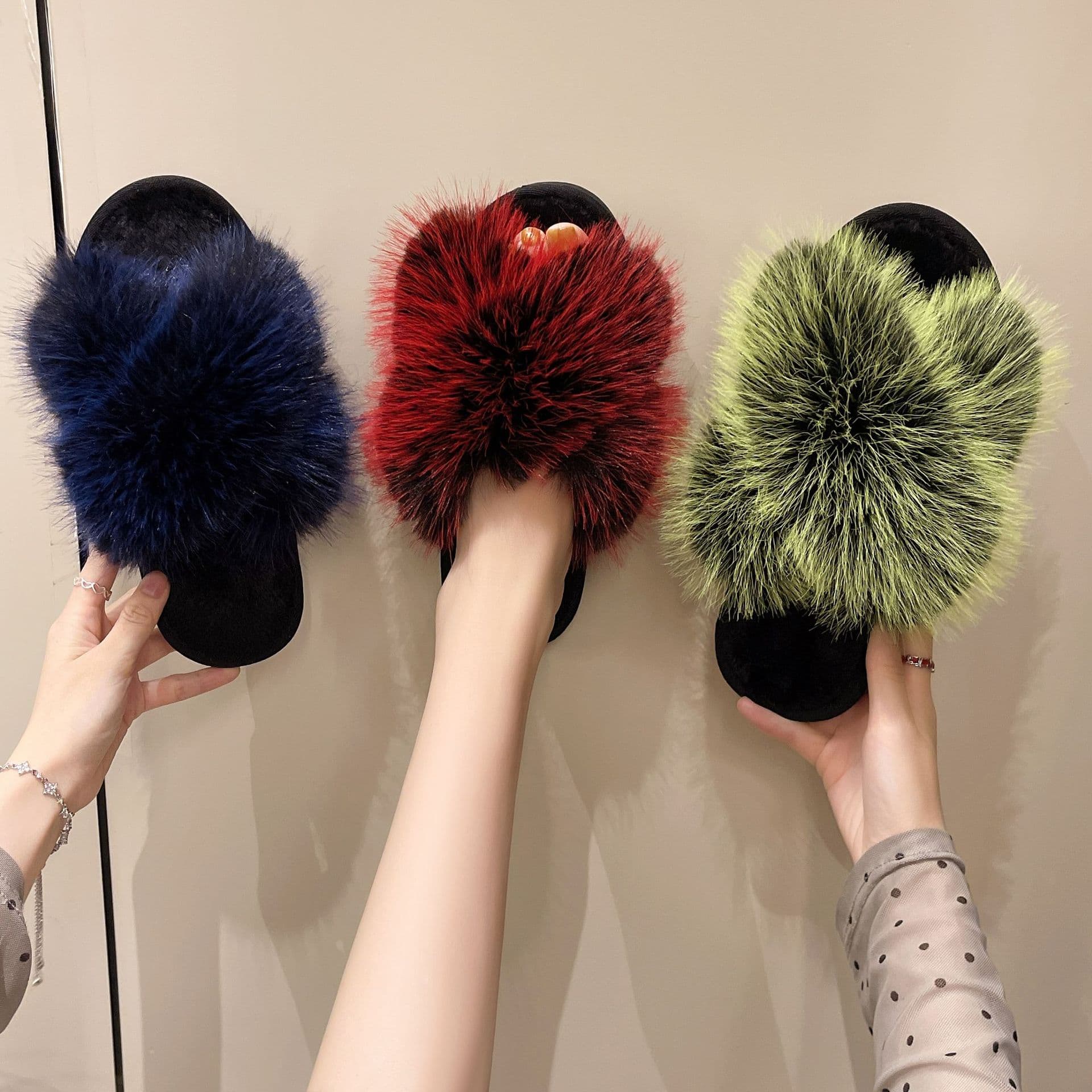 Cross-Border Winter Colorful Cross Fuzzy Slippers, Fashion Fur Cotton Slippers for Home Warmth, Open-Toe Slippers for Women