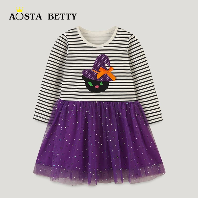 AostaBetty Autumn New Girls Dress European and American Style Striped Embroidered Mesh Skirt Halloween Children's Dress