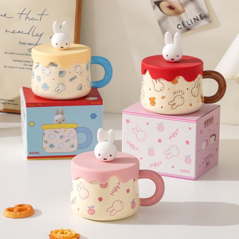 Miffy High-Quality Cute Ceramic Mug for Men and Women with Lid, Stylish Couple Ceramic Cup