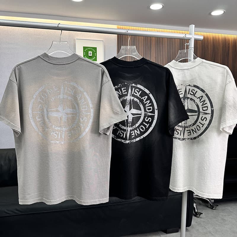 Cross-border light luxury stone compass STONE loose round neck spray-dyed washed distressed men's and women's short-sleeved oversize T-shirt