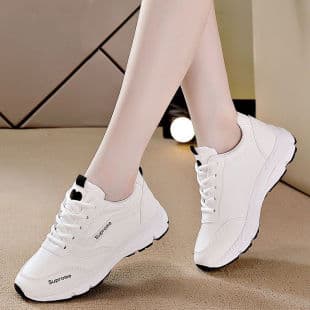Sports Shoes for Women 2025 Spring Autumn New Breathable Leather White Sneakers Korean Style Casual Thick Sole Running Shoes