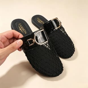 French Woven Hollow Half Slippers for Women 2026 Summer New Style Soft Sole Fashion Belt Buckle Flat Slippers