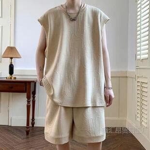 Set for Men Summer Thin Vest Short Sleeve Shorts High-Street Brand Loose Casual Sports Two-Piece Set