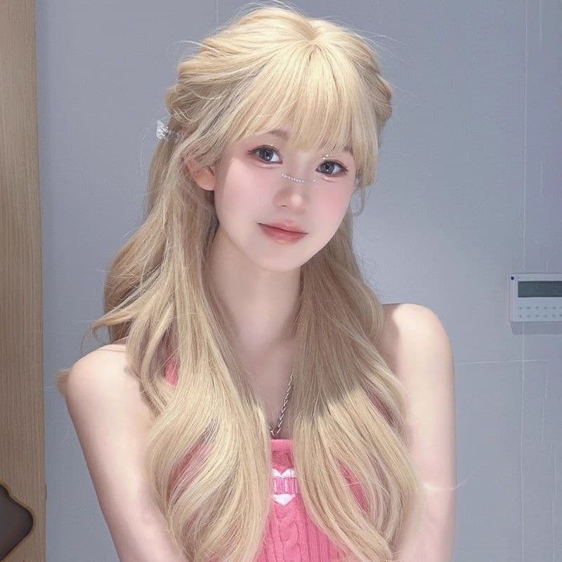 Platinum wig for women with long hair, eight-character bangs, rose, same hair color, lolita long curly hair, big waves, full headgear