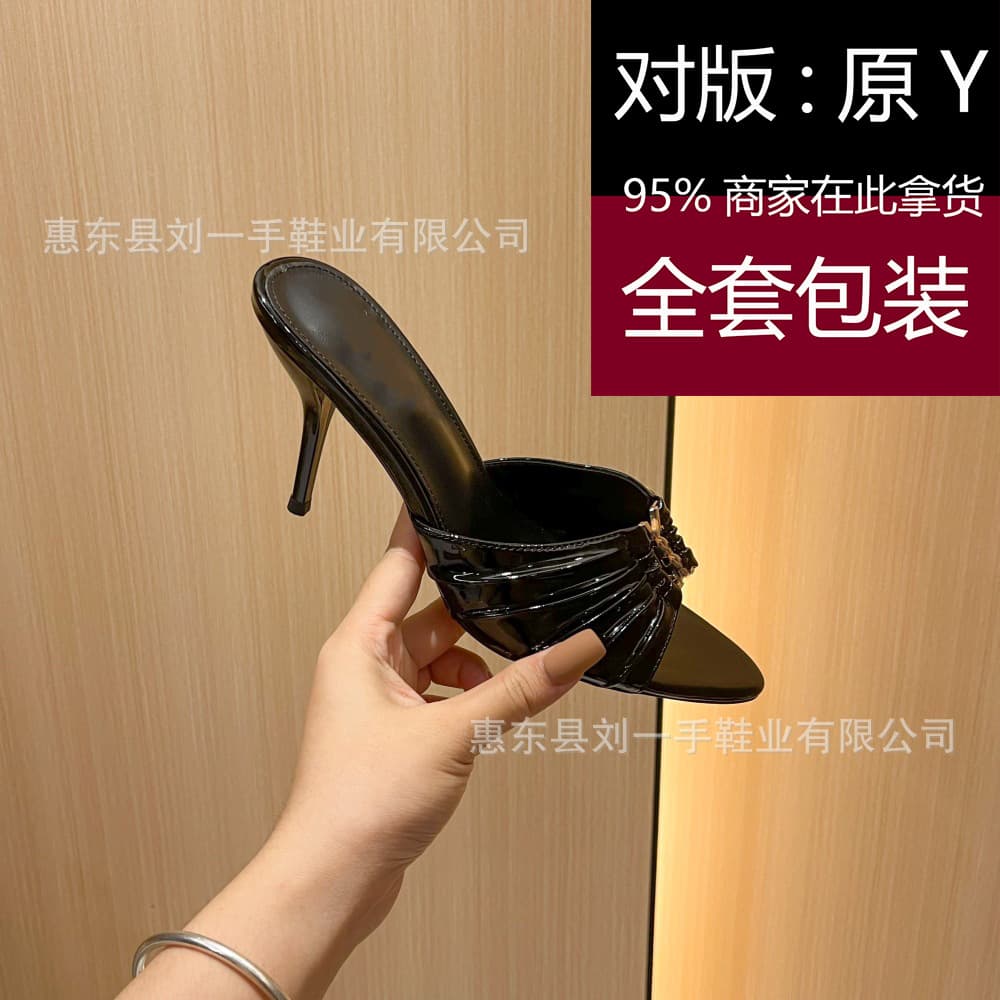 High version summer S family European and American fashion square toe stiletto black temperament high heel sandals for women patent leather outer wear half drag