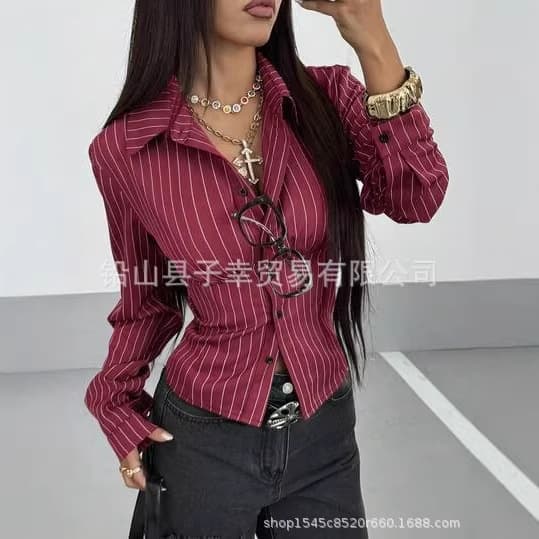 European and American Hot Girl Style Printed Striped Shirt, Slim Fit Lapel Single-Breasted Long-Sleeve Top, Vintage Casual Shirt
