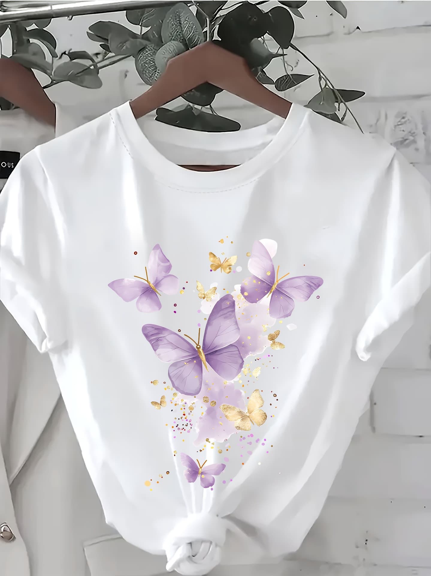 Women's Casual Purple Butterfly Print Short Sleeve T-Shirt