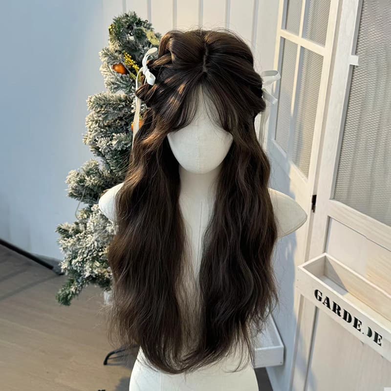 Long, center-parted, wavy, woolly curls, natural full-head wig