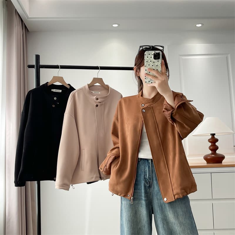 2025 Autumn Plus Size Suede Jacket for Women, Stand Collar Simple Versatile Jacket, Fashionable Top for Curvy Girls, Cardigan 686