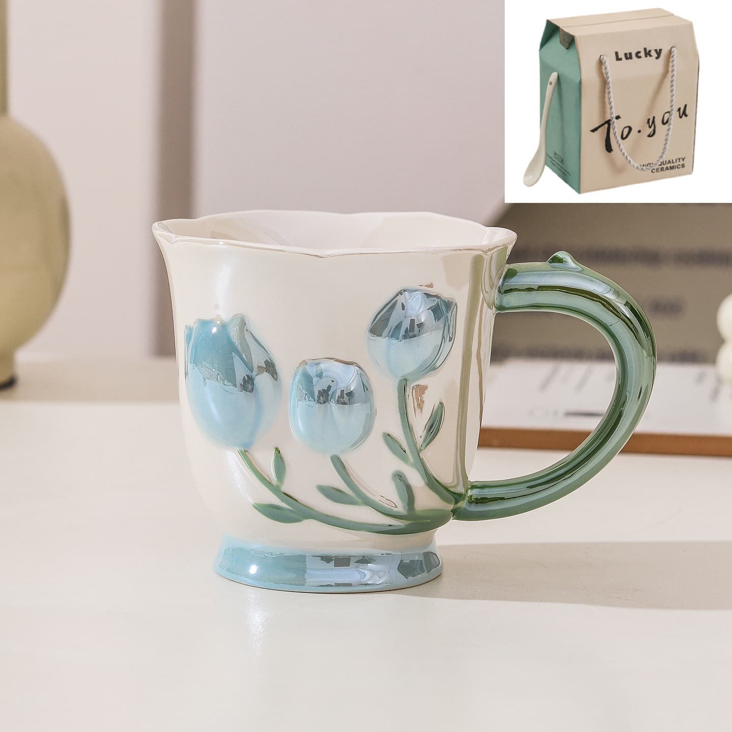 High-Quality Ceramic Mug with Underglaze Color, Tulip Design, Coffee Breakfast Cup, Water Cup, Wedding Gift for Bridesmaids, Women's Souvenir Gift