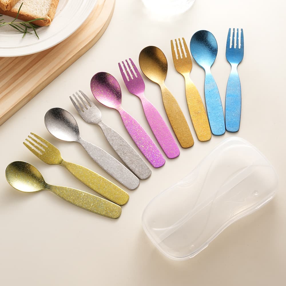 Pure Titanium Kids Spoon and Fork Set Portable Tableware Baby Complementary Food Feeding Spoon Fork Kindergarten Square Handle Small Soup Spoon
