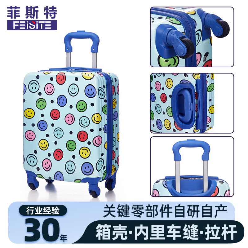 Source factory children's trolley case with smiley face printing ABS+PC luggage customized trolley case with drawings and samples