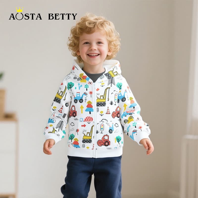 Cross-Border Supply Euro-American Style Fashion Boys' Hooded Jacket 25 Autumn New Style Cute Printed Children's Zippered Sweatshirt