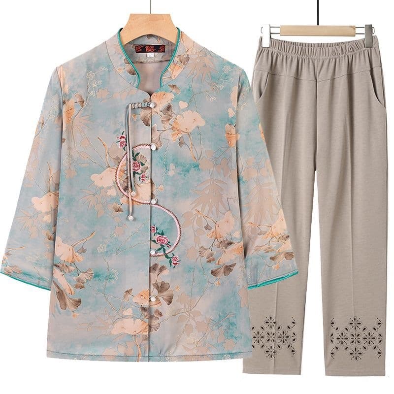 Mother's Summer Set Middle-aged and Elderly Women's Shirts Grandma Summer Blouse Three-quarter Sleeve Shirt Old Lady Top
