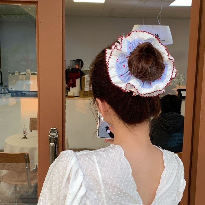 Spring double-layered ruffled blue plaid scrunchie hair tie, high-end hair accessory for women, hair tie, hair flower, hair rope