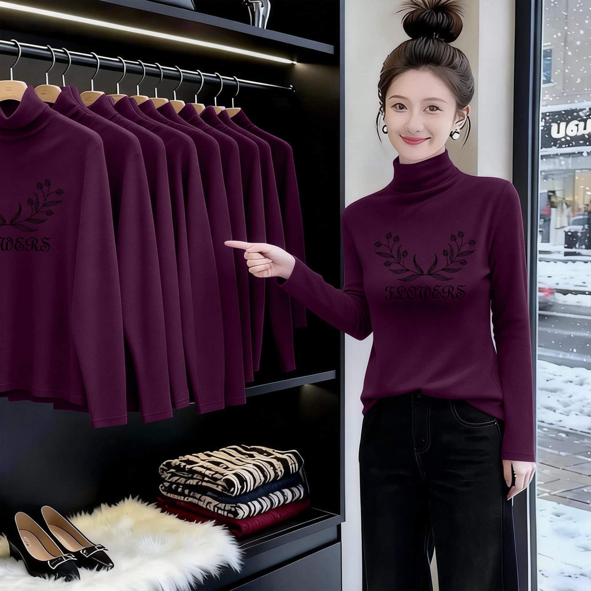 Large size slim fat MM contrasting letter design long-sleeved top spring 2026 half high collar double-sided German velvet large size women