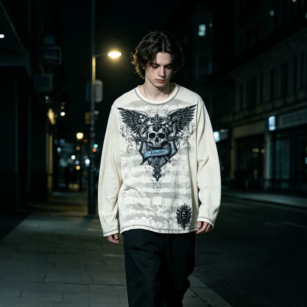 American retro skull wings printed long-sleeved T-shirt Y2K high street distressed dark gothic style loose bottoming shirt