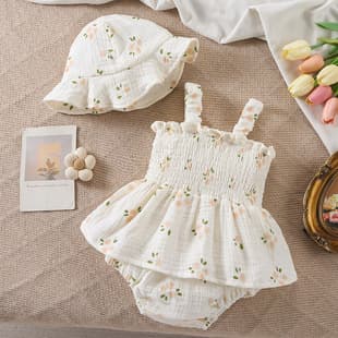 Yama 0-3 Years Baby Girl Summer Sleeveless Shirred Romper