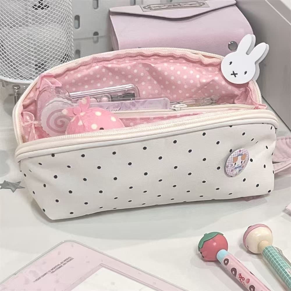 Korean-style polka dot pencil case, large capacity student stationery box, cute girly storage bag, handheld portable pencil case