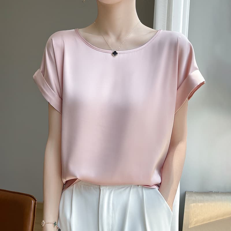 2024 Summer New French Silky Satin Round Neck Short Sleeve T-Shirt for Women Loose Solid Color Versatile Top