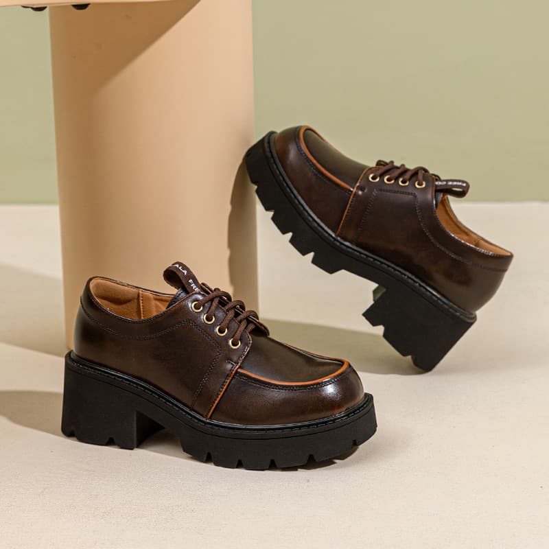 Beauty Foot Power Retro British Style Chunky Heel Leather Shoes New Lace-Up Platform Short Person Height Increasing Pumps