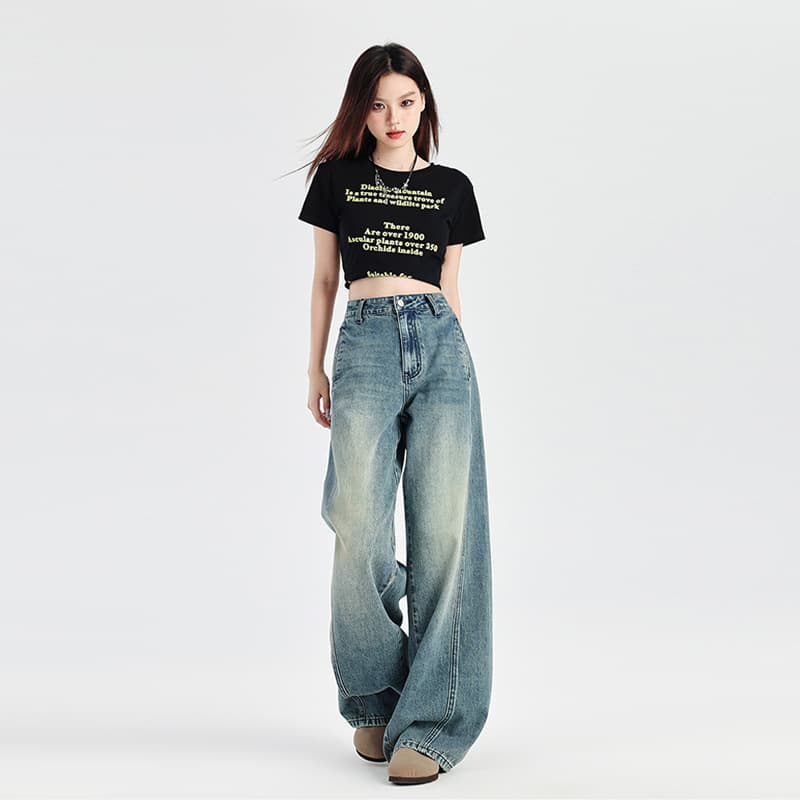 FU-JEANS 2024 Fashion Denim American Retro Curved Knife Design Patchwork Jeans for Women, Loose Drape Wide Leg