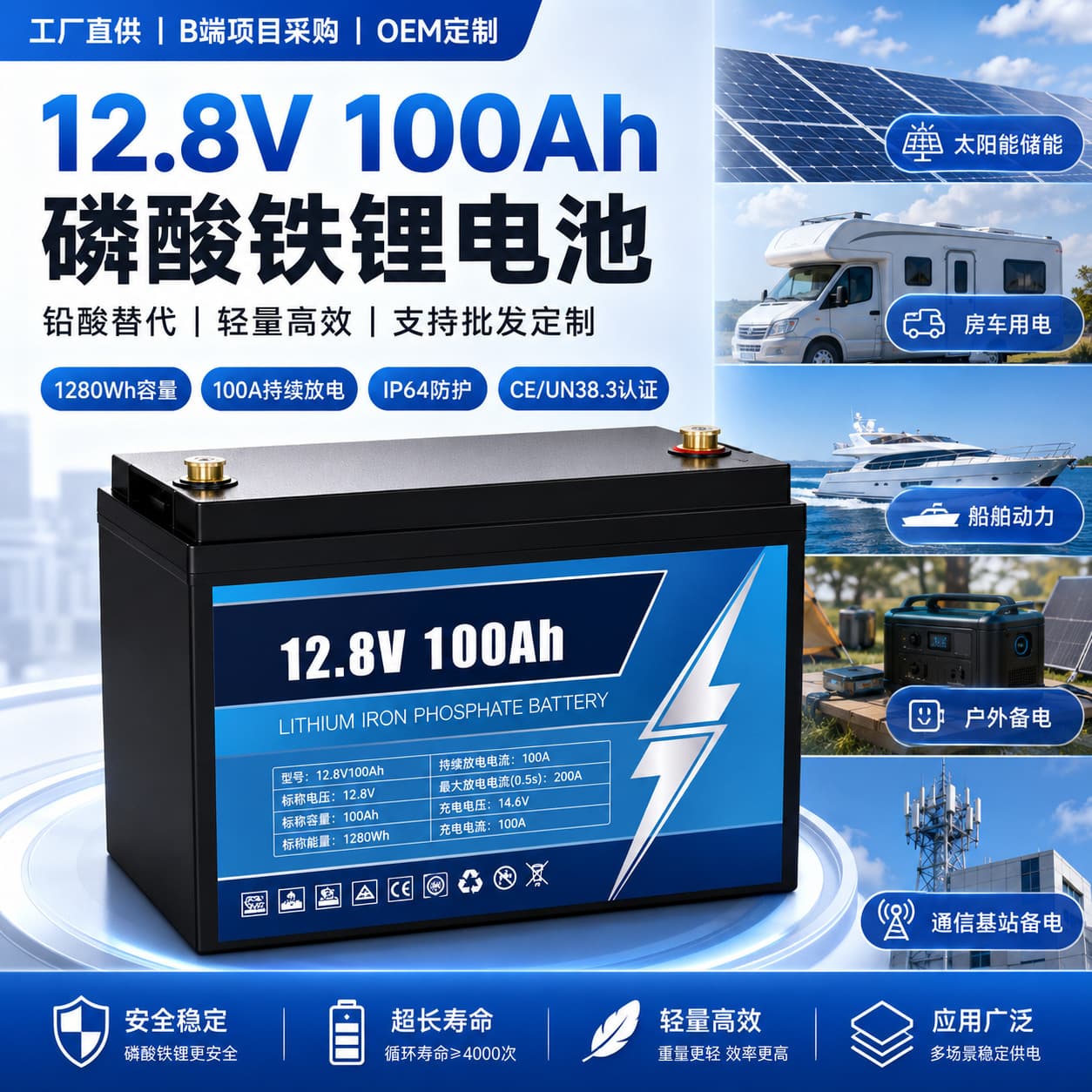 12V 24V Lithium Battery Custom 100Ah 200Ah LiFePO4 Energy Storage System Lithium Replacement for Lead-Acid Battery
