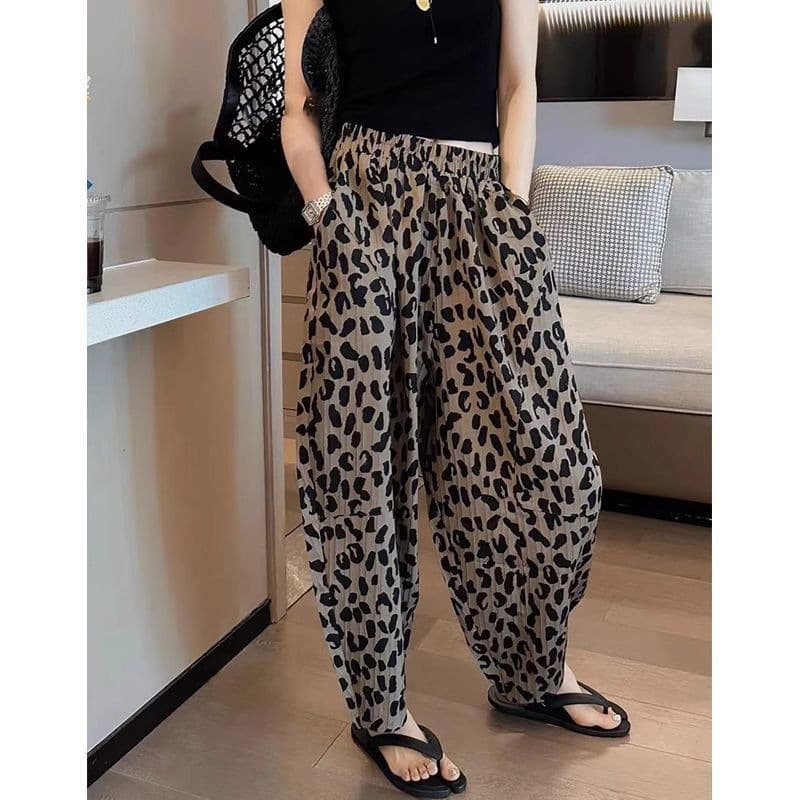 Plus Size Leopard Print Casual Harem Pants, Women's Summer New Loose High-Waist Slimming Sports Lantern Pants