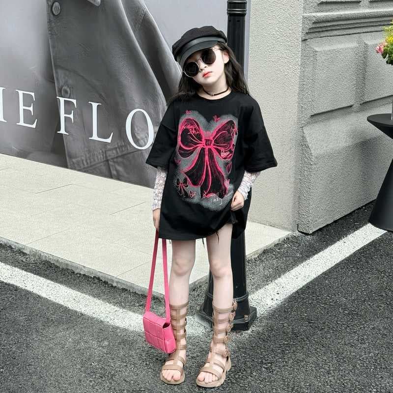 【Qiaonika】Girls Short Sleeve T-Shirt Pure Cotton Printed Fashionable Girls Medium and Large Children Half Sleeve Top Summer New