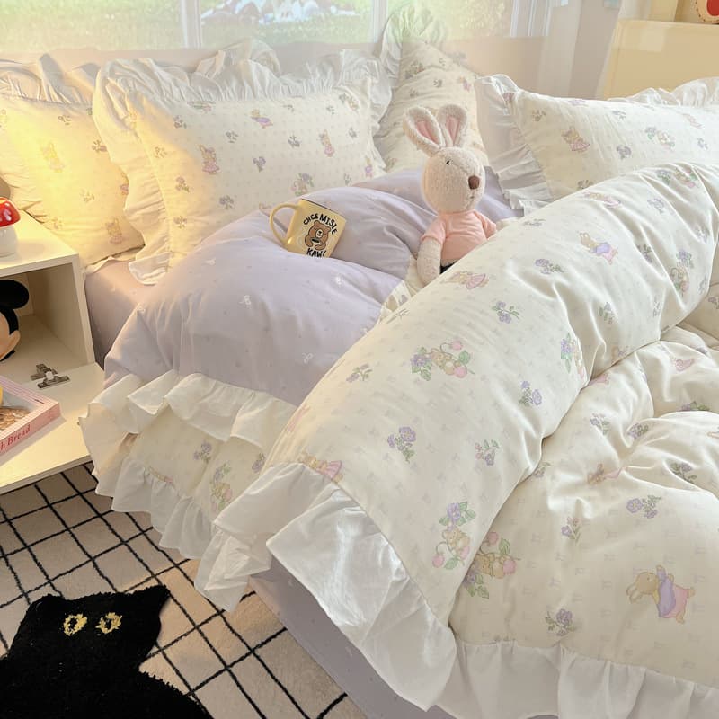 Princess Style Floral Rabbit Pure Cotton Four-Piece Set Korean Style Ins Lace All-Cotton Girl Duvet Cover Bed Sheet Bedding Set 4