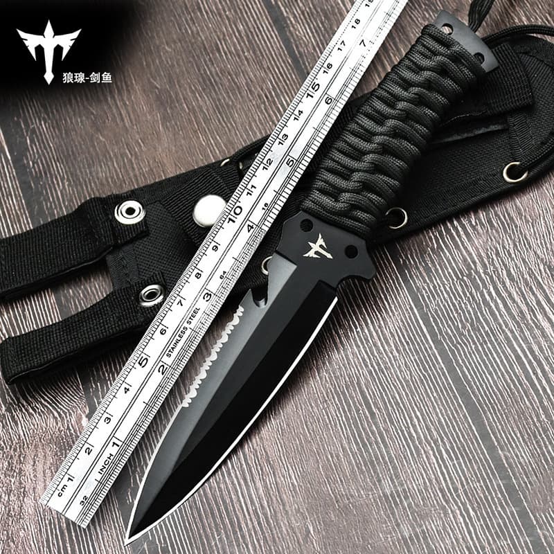 Single-Edge Serrated Paracord Wrapped Hunting Knife, Thick Braided Paracord Handle, Multi-Loop Nylon Sheath for Camping Emergency
